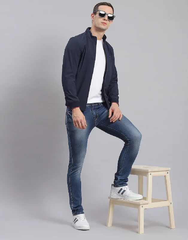 men's denim jackets for a classic lookMen Navy Blue Check Stand Collar Full Sleeve Jacket