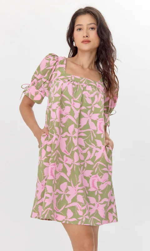 One-shoulder dresses for womenVienna Print Square Neck Mini Dress with Tie Sleeve