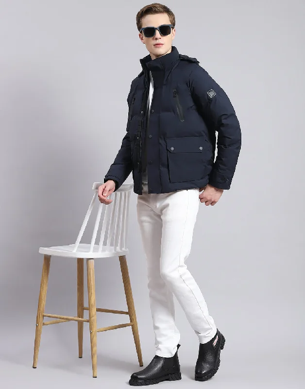 men's button-down tailored jacketsMen Navy Blue Solid Hooded Full Sleeve Jacket