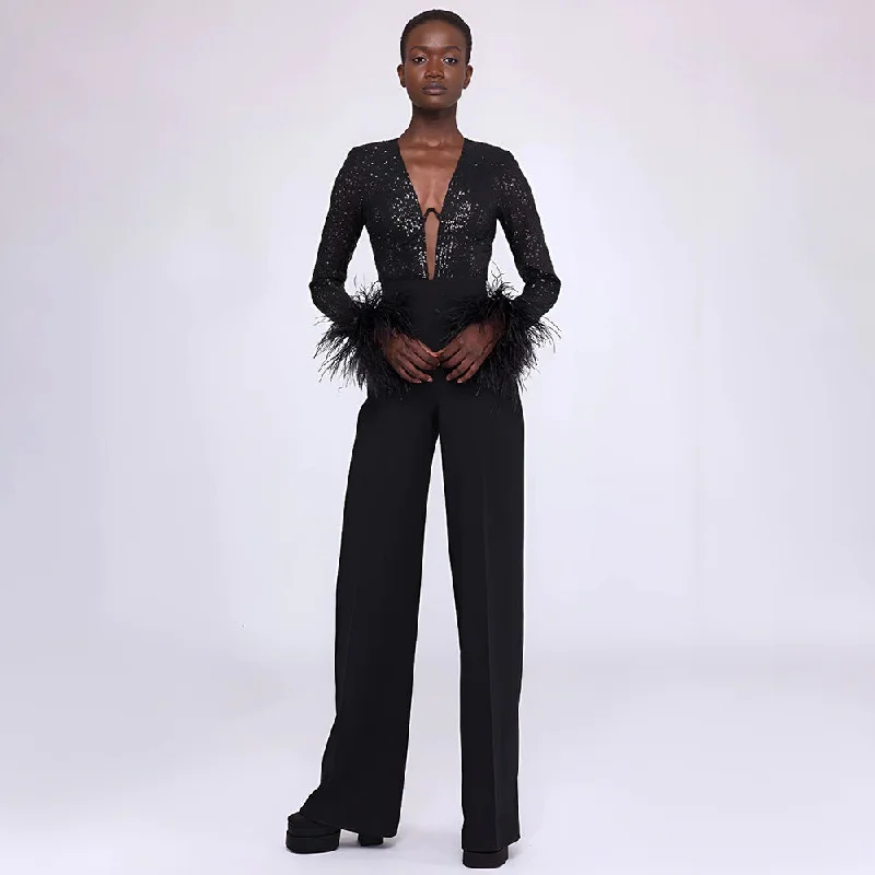 Cocktail dresses for womenIKEARLAX 2025 women's clothing early autumn new popular black long-sleeved beaded feather jumpsuit women's New thin jumpsuit