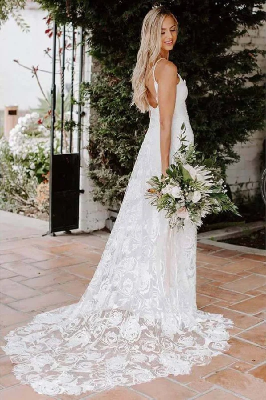 High-low hem dresses for womenRoycebridal Boho Rose Lace Sweetheart Spaghetti Strap Beach Wedding Dresses, MW511
