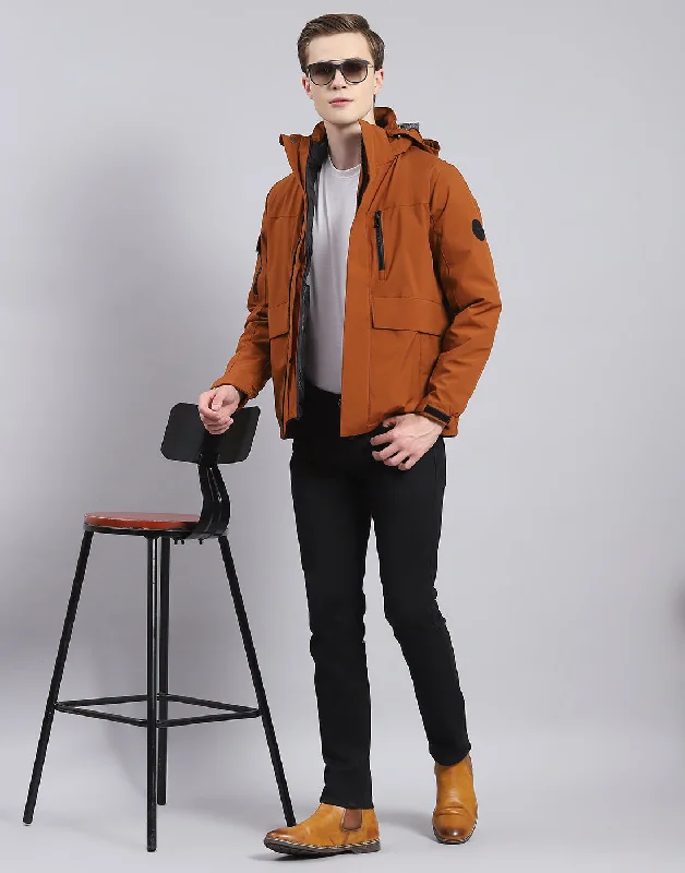 men's trench coats with beltsMen Brown Solid Hooded Full Sleeve Jacket