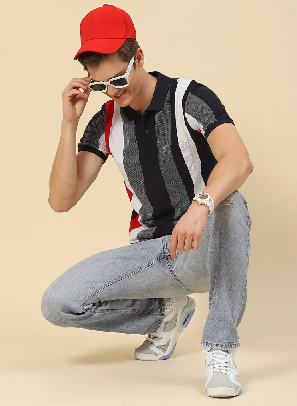 dress short-sleeved shirts for menMen NAvy Blue Stripe T-Shirt