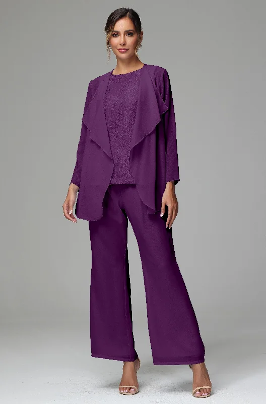 Bohemian-style women's shorts3 Pieces Long Sleeves Chiffon Lace Mother Of The Bride Dress Pants Suits