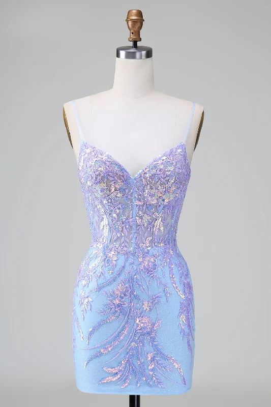 Plunging neckline dresses for womenSparkly Lilac Blue Bodycon Spaghetti Straps Corset Short Homecoming Dress with Sequins
