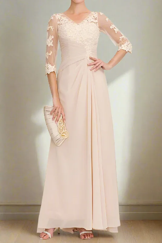 Plunging neckline dresses for womenChiffon A-Line Floor Length Mother of the Bride Dress with Appliques