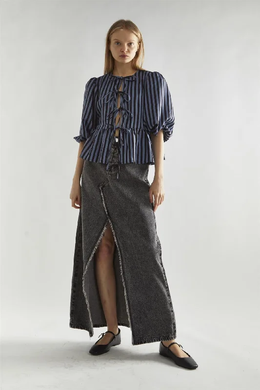 Teal women's topsBlue-Black Stripe Tie-Front Top