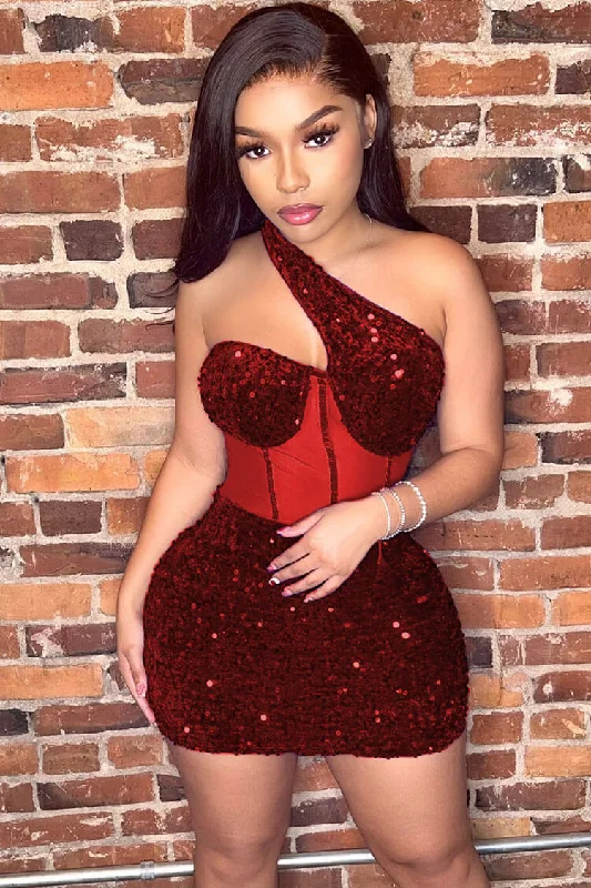 Layering dresses for versatile stylingSparkly One Shoulder Mesh Velvet Sequin Bodycon Party Mini Dress - Red