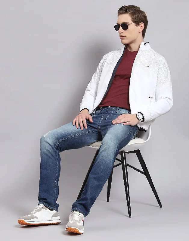 men's Chesterfield coats for a luxurious touchMen White Printed Stand Collar Full Sleeve Jacket