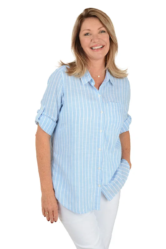 Geometric print women's topsChambray Striped Cotton Roll Sleeve Shirt