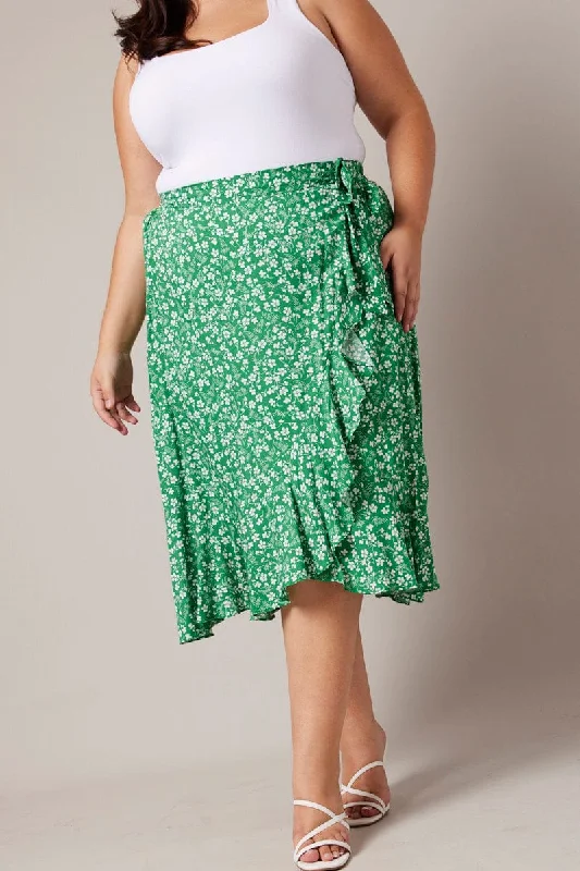 Green Ditsy Wrapover Frill Rayon Midi Skirt