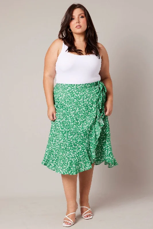 Green Ditsy Wrapover Frill Rayon Midi Skirt