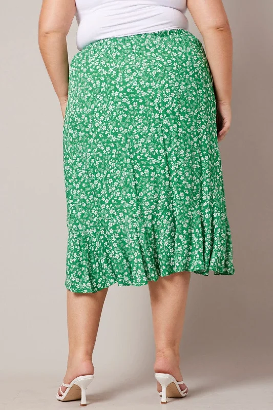 Green Ditsy Wrapover Frill Rayon Midi Skirt