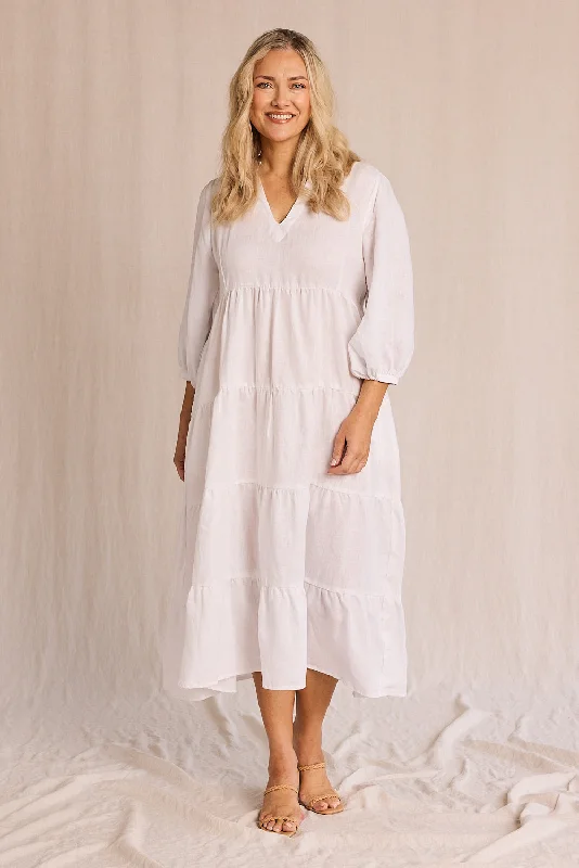 Sabre Linen V-Neck Dress in White