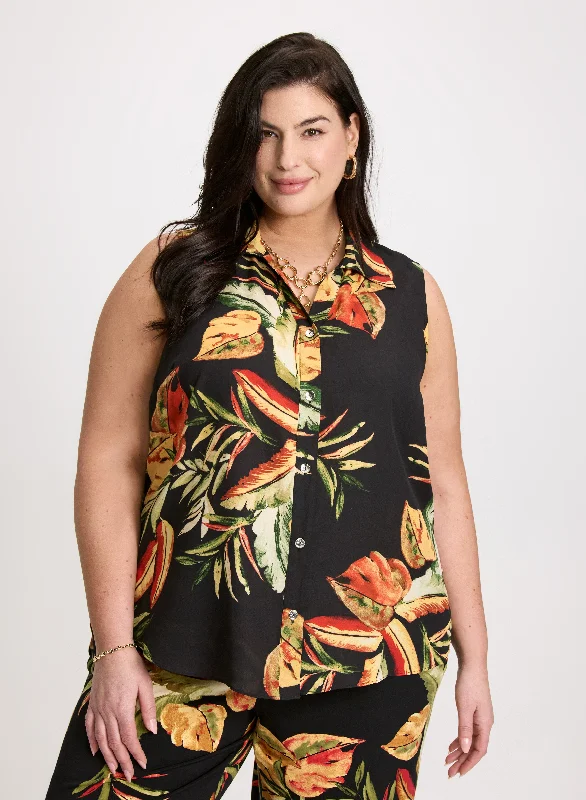 Sleeveless Leaf Print Blouse