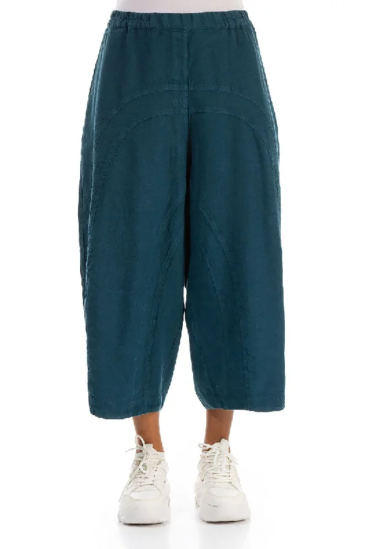 Loose Back Pockets Dark Teal Linen Trousers