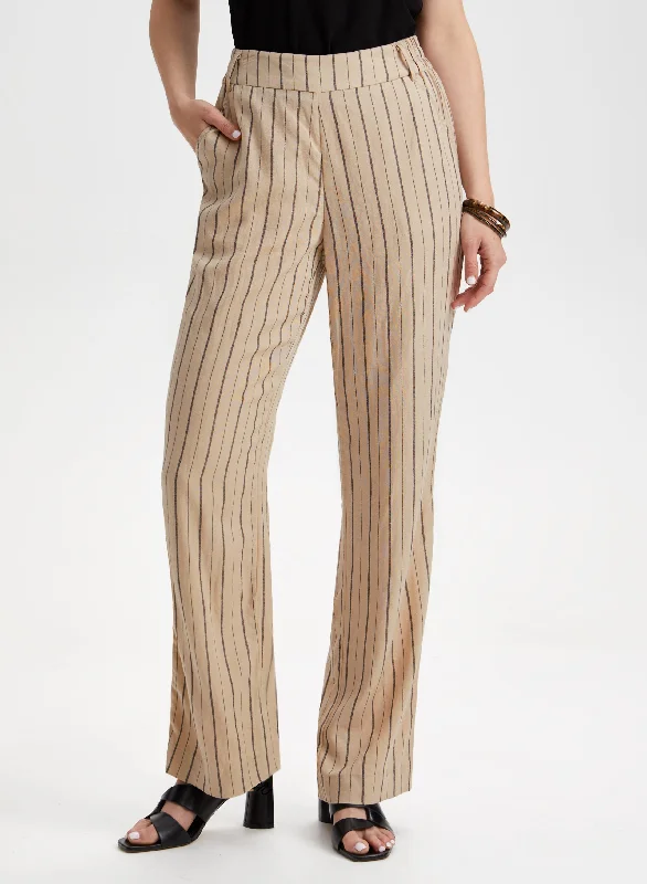 Pull-On Stripe Print Linen-Blend Pants