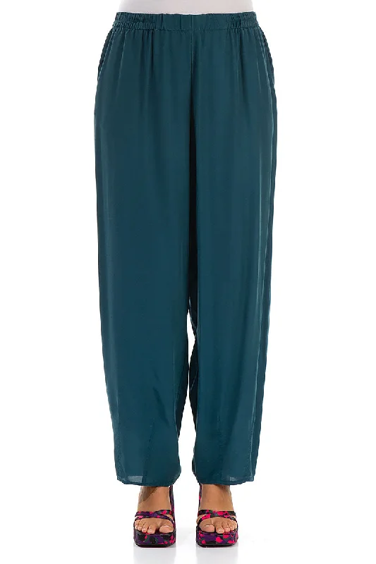 Taper Dark Teal Silk Bamboo Trousers