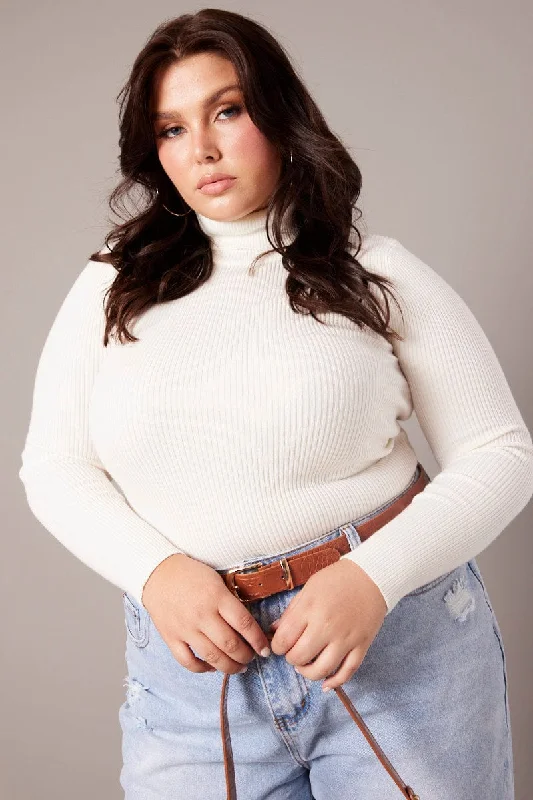 White Knit Top High Neck Long Sleeve