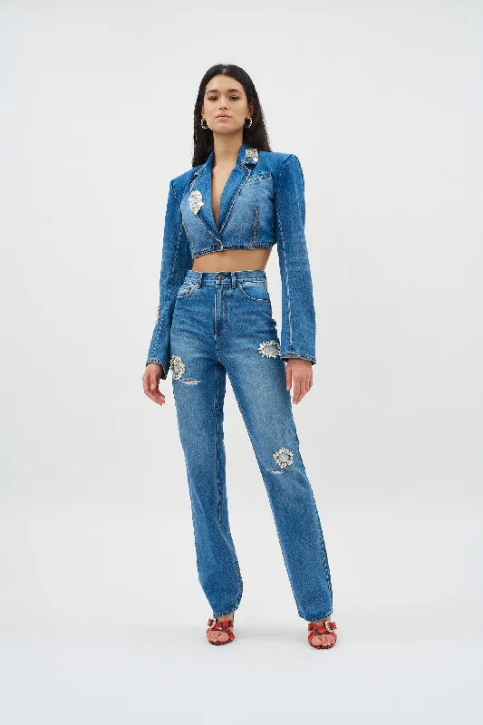 Distressed Crystal Denim Light Indigo Cropped Blazer