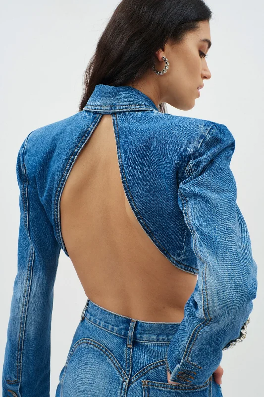 Distressed Crystal Denim Light Indigo Cropped Blazer