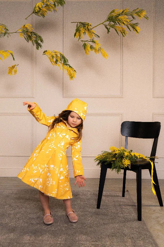 Fitted and Flared Coat for Girls in Yellow with White Floral Print | 'Majestic Yellow'