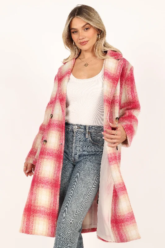 Gianna Button Front Plaid Long Coat - Pink