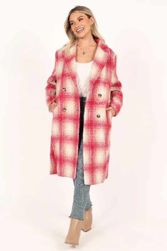 Gianna Button Front Plaid Long Coat - Pink