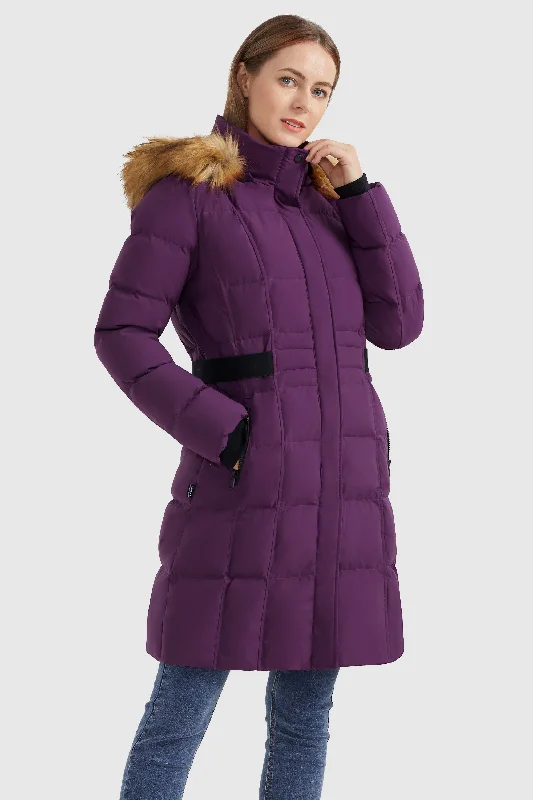 Solid Faux Fur Trim Hood Puffer Down Coat