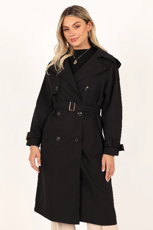 Trina Button Front Trench Coat - Black