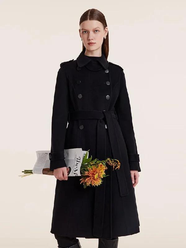 Wool And Cashmere Double-Breasted Lapel Women Coat