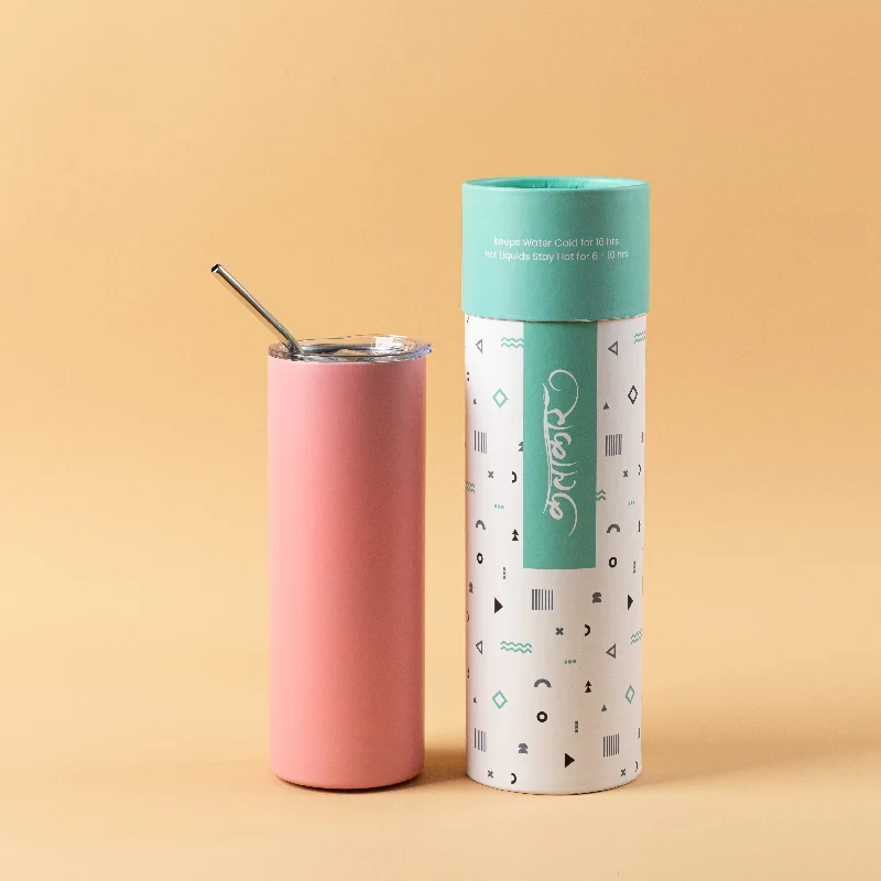 Stainless Steel Designer Water Bottle with Metal Straw ( Matte Pink )