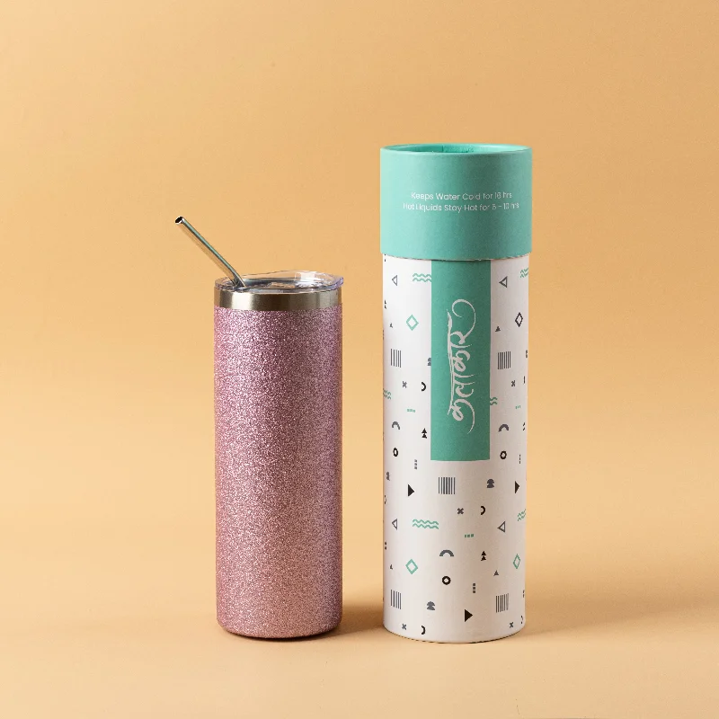 Stainless Steel Designer Water Bottle with Metal Straw ( Glitter Pink )