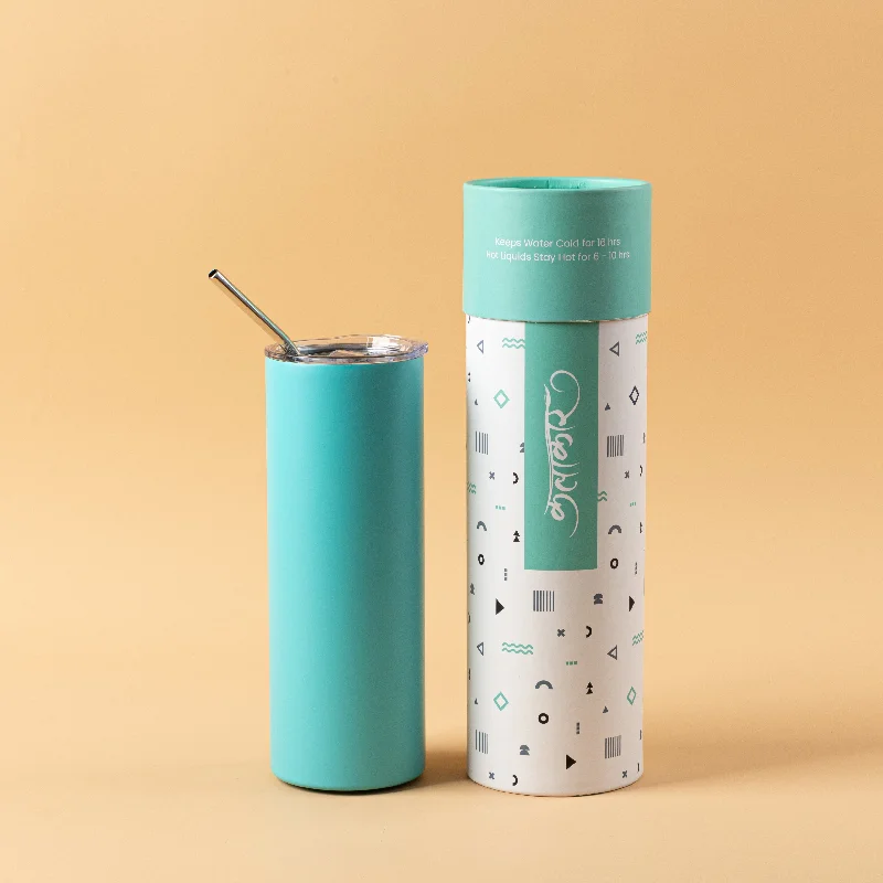 Stainless Steel Designer Water Bottle with Metal Straw ( Sea Blue Matte )