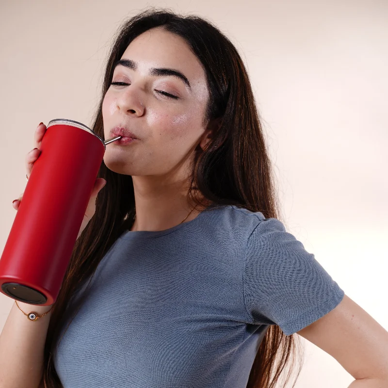 Stainless Steel Designer Water Bottle with Metal Straw ( Matte Red )