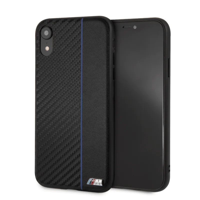 Official BMW iPhone XR Navy Stripe PU Carbon Fiber Case Black