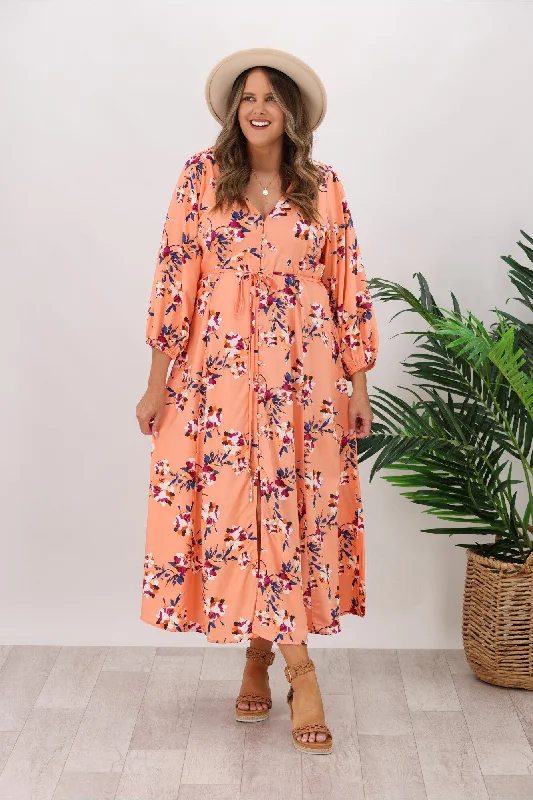 Fate Peach Sky Button Midi Dress Peach Pink Floral