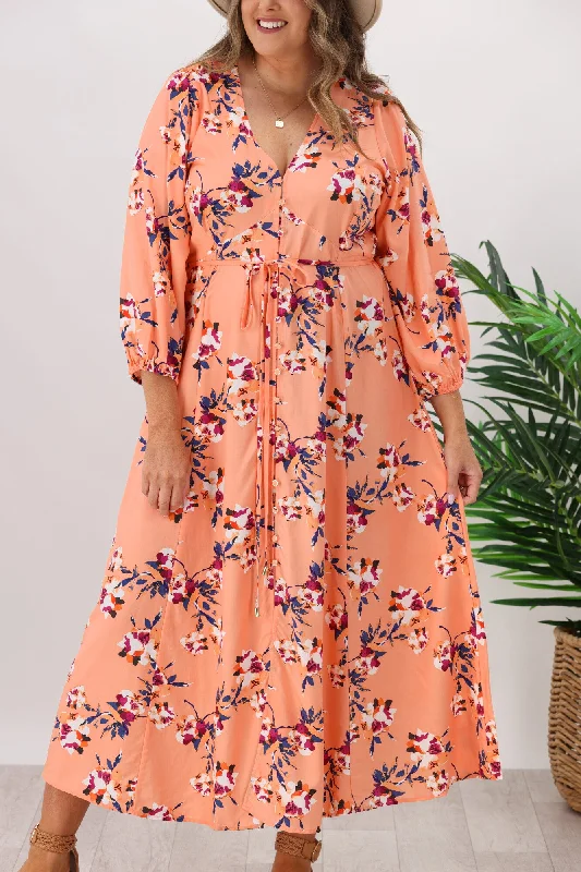 Fate Peach Sky Button Midi Dress Peach Pink Floral