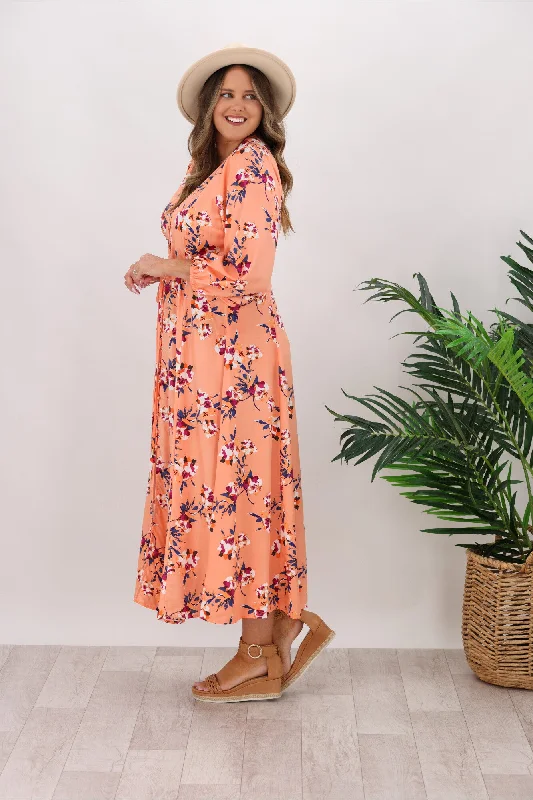 Fate Peach Sky Button Midi Dress Peach Pink Floral