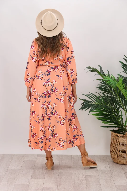 Fate Peach Sky Button Midi Dress Peach Pink Floral