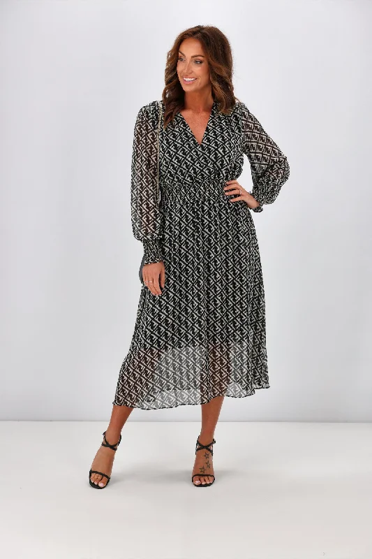 Gloss by Shine On Taigen Wrap Front Shirred Waist Dress Geo Print