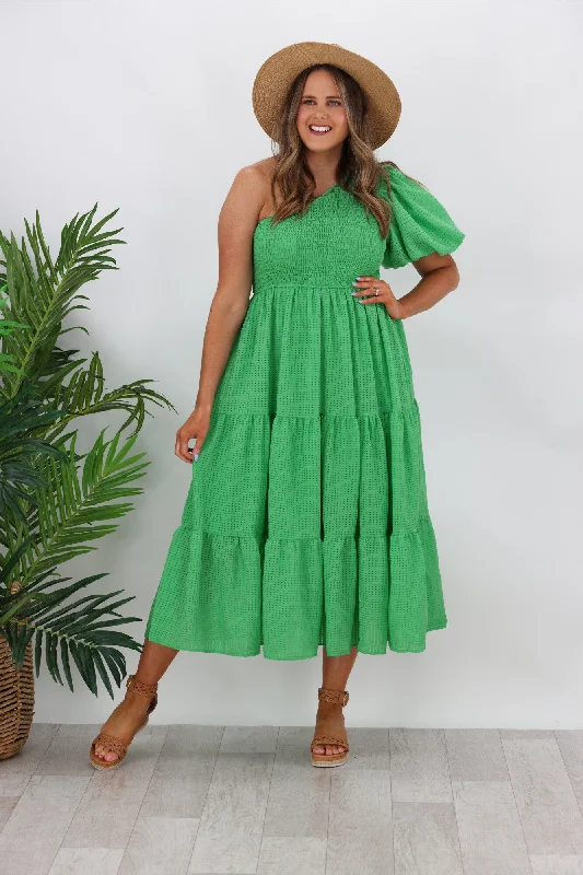 Iris Maxi Celia One Shoulder Puff Dress Green