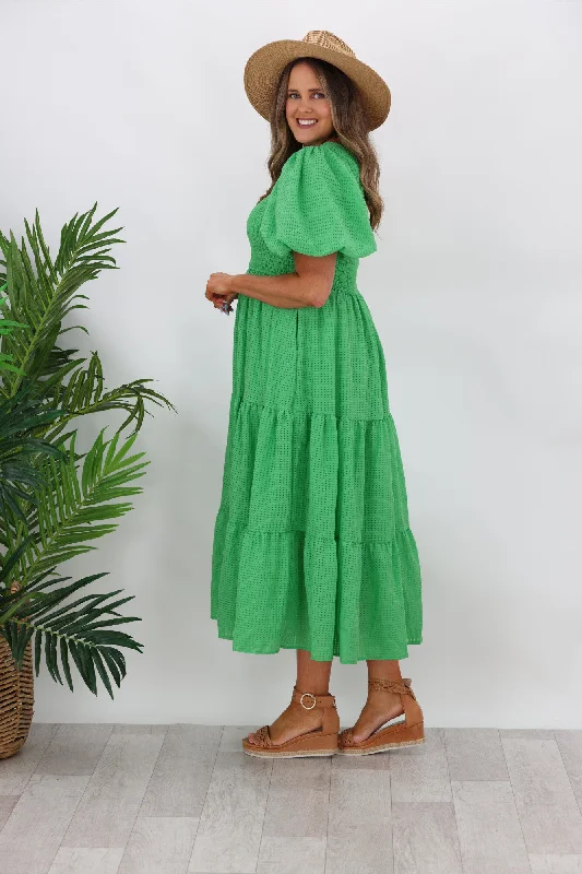 Iris Maxi Celia One Shoulder Puff Dress Green