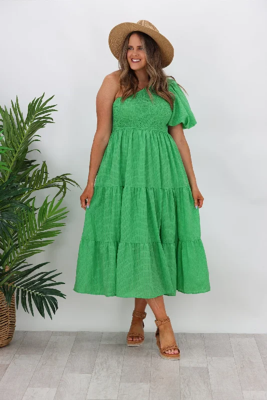 Iris Maxi Celia One Shoulder Puff Dress Green