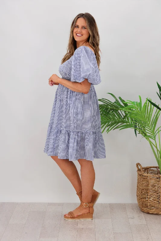 Natural Bay Layla Puff Sleeve Frill Dress Blue