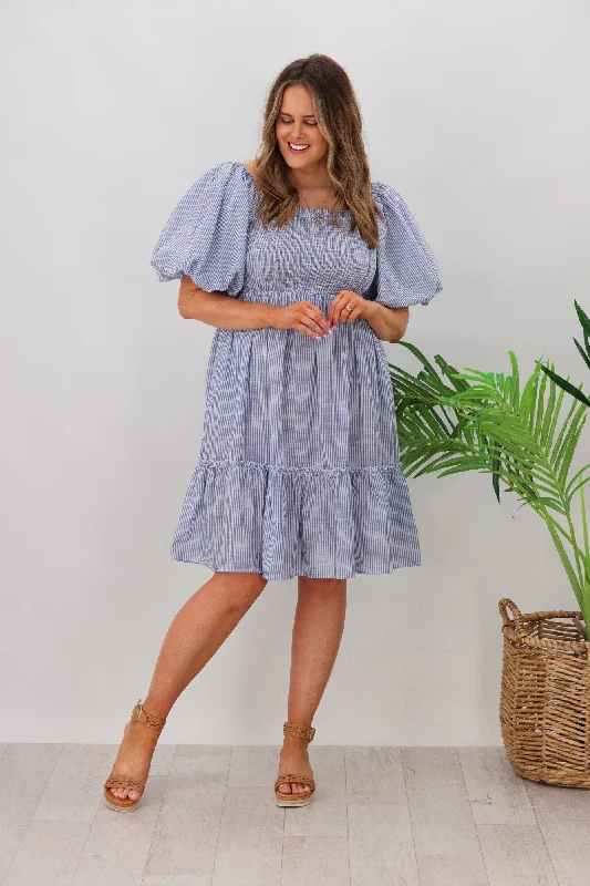 Natural Bay Layla Puff Sleeve Frill Dress Blue