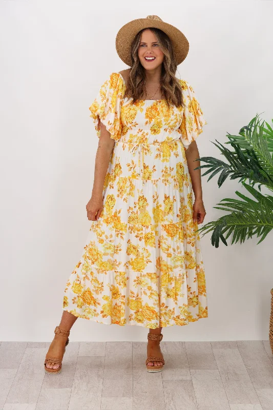 Pink Diamond Hannah Floral Print Tiered Dress Yellow