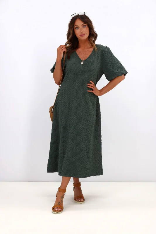 Shine On Label Adelaide Puff Sleeve Textured Midi Dress Olive